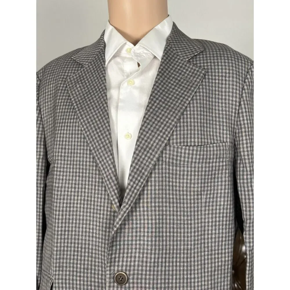 Brunello Cucinelli Gingham Plaid Wool Linen Silk Gray Blazer Sport Jacket 52/42